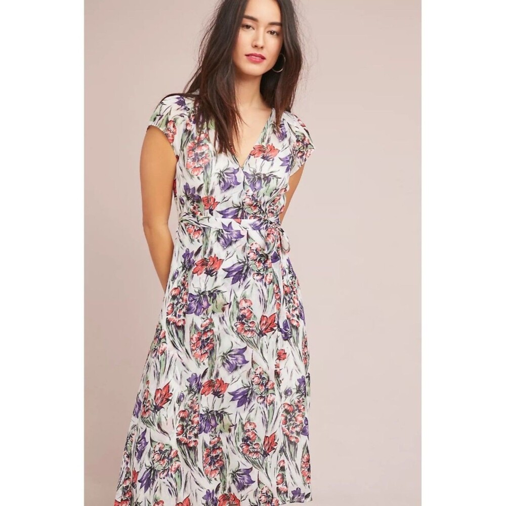 Maeve Anthropologie sz 14 Garden Floral High-Low Wrap Midi Dress Wedding Guest
